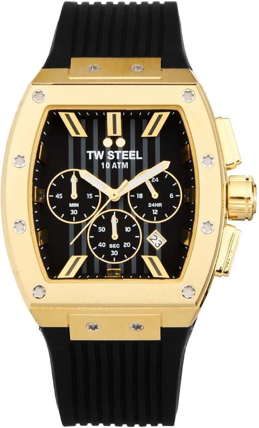 TW Steel TW Steel Horloge T02 Staal Rechthoekige Kast met Geelgouden Plating Quartz Chronograaf en met Rubberen Band met Vouwsluiting Divers