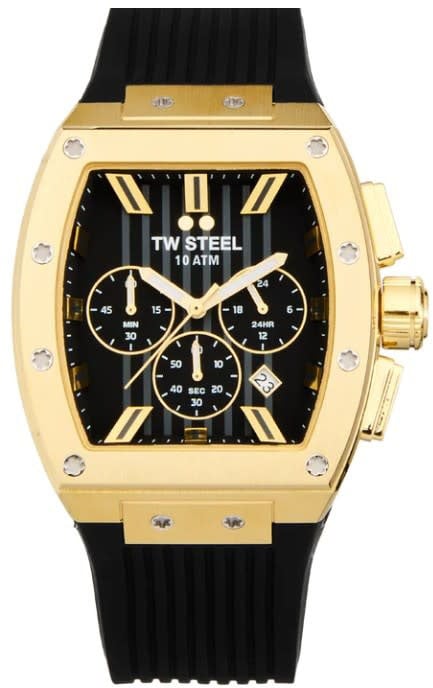 TW Steel TW Steel Horloge T02 Staal Rechthoekige Kast met Geelgouden Plating Quartz Chronograaf en met Rubberen Band met Vouwsluiting Goud