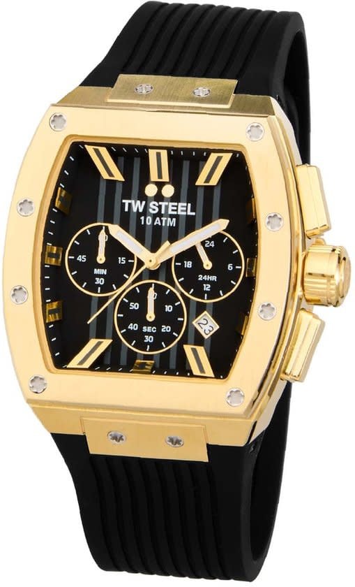 TW Steel TW Steel Horloge T02 Staal Rechthoekige Kast met Geelgouden Plating Quartz Chronograaf en met Rubberen Band met Vouwsluiting Divers