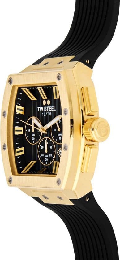 TW Steel TW Steel Horloge T02 Staal Rechthoekige Kast met Geelgouden Plating Quartz Chronograaf en met Rubberen Band met Vouwsluiting Goud