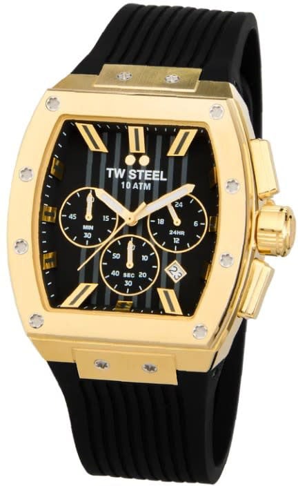 TW Steel TW Steel Horloge T02 Staal Rechthoekige Kast met Geelgouden Plating Quartz Chronograaf en met Rubberen Band met Vouwsluiting Goud