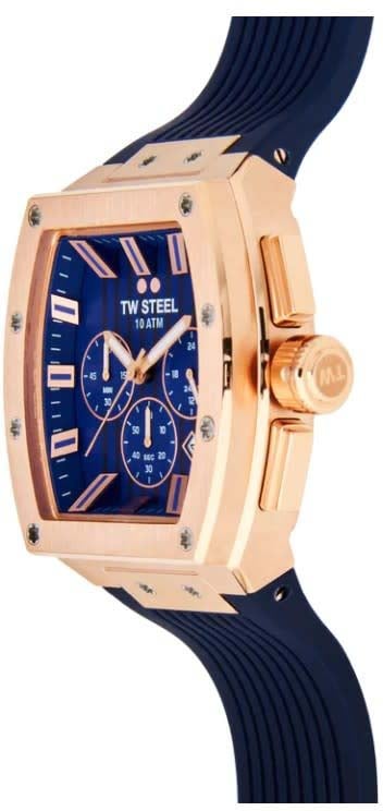TW Steel TW Steel Horloge T03 Tonneau Staal met Rosegouden Plating Quartz Swiss Made Chronograaf met Blauwe Rubbere Horlogeband 42mm Navy