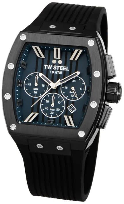 TW Steel TW Steel Horloge T04 Staal Rechthoekige Kast met Zwarte Plating Quartz Chronograaf en met Rubberen Band met Vouwsluiting Zwart