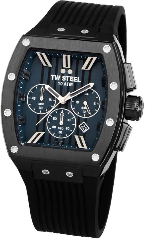 TW Steel TW Steel Horloge T04 Staal Rechthoekige Kast met Zwarte Plating Quartz Chronograaf en met Rubberen Band met Vouwsluiting Divers