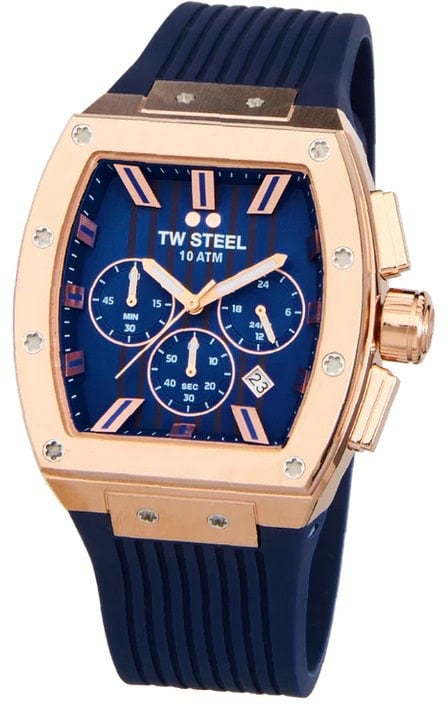 TW Steel TW Steel Horloge TO3 Staal Rechthoekige Kast met Rosegouden Plating Quartz Chronograaf en met Rubberen Band met Vouwsluiting Navy