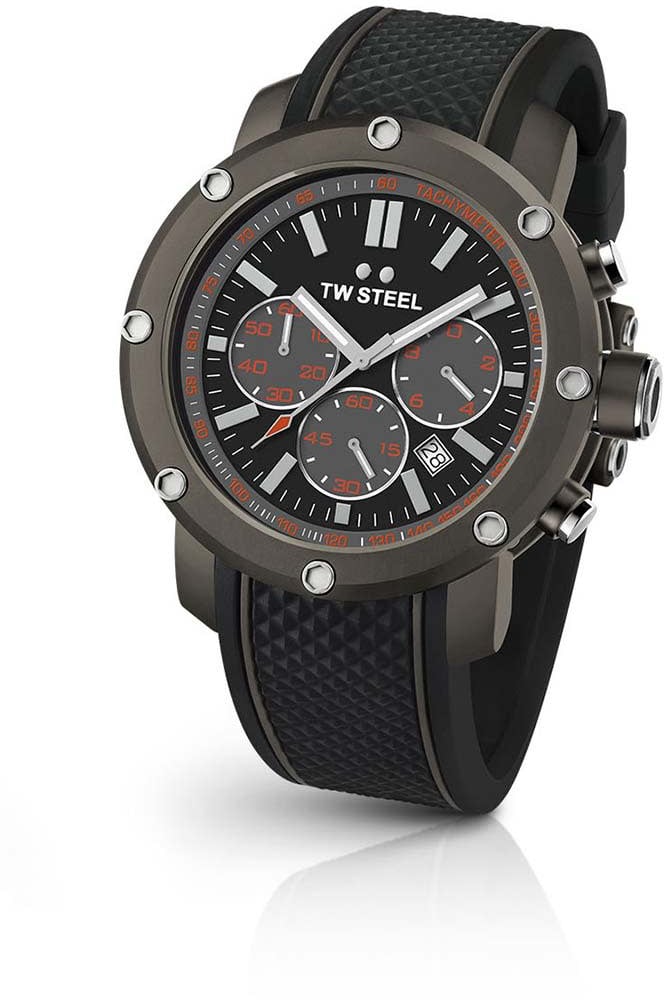 TW Steel TW Steel Horloge TS4 Grandeur Tech Collection Staal Titaniumkleurig met Rubberen Band Quartz Swiss Made Chronograaf 48mm Divers