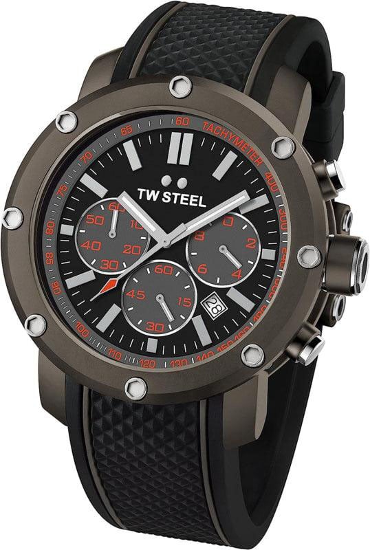 TW Steel TW Steel Horloge TS4 Grandeur Tech Collection Staal Titaniumkleurig met Rubberen Band Quartz Swiss Made Chronograaf 48mm Zwart