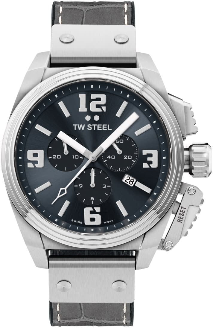 TW Steel TW Steel  Horloge TW1013 Canteen Staal Quartz Chronograaf met Leren Horlogeband 46mm Zwart