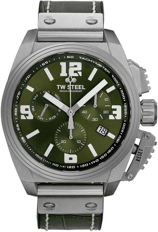 TW Steel TW Steel TW1116 Canteen Swiss Movement Steel Chrono Groen Leer 46mm Zilver