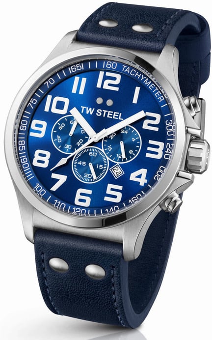 TW Steel TW Steel Horloge TW403 Pilot Staal Quartz Swiss Made Chronograaf met Blauwe Wijzerplaat en Leren Horlogeband 48mm Divers