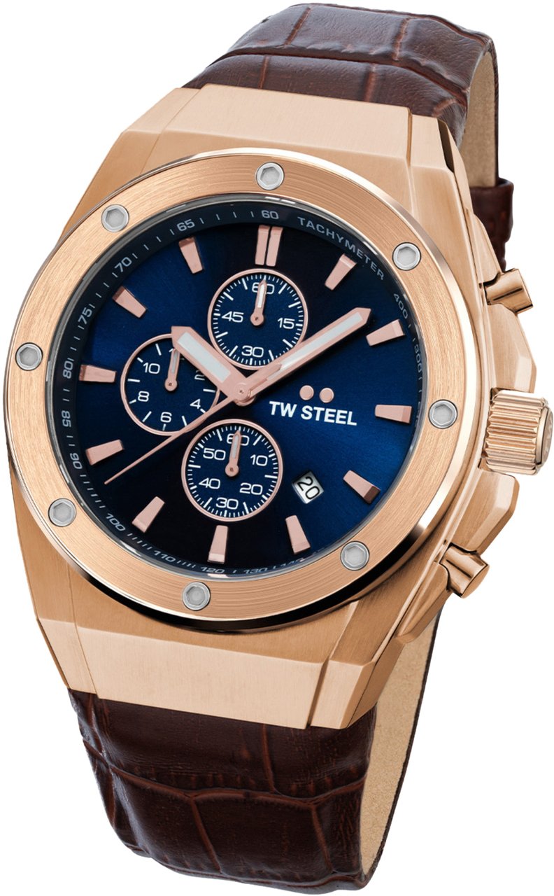 TW Steel TW Steel TWCE4106 CEO Tech Steel Chrono Bruin Leer 44mm Roze