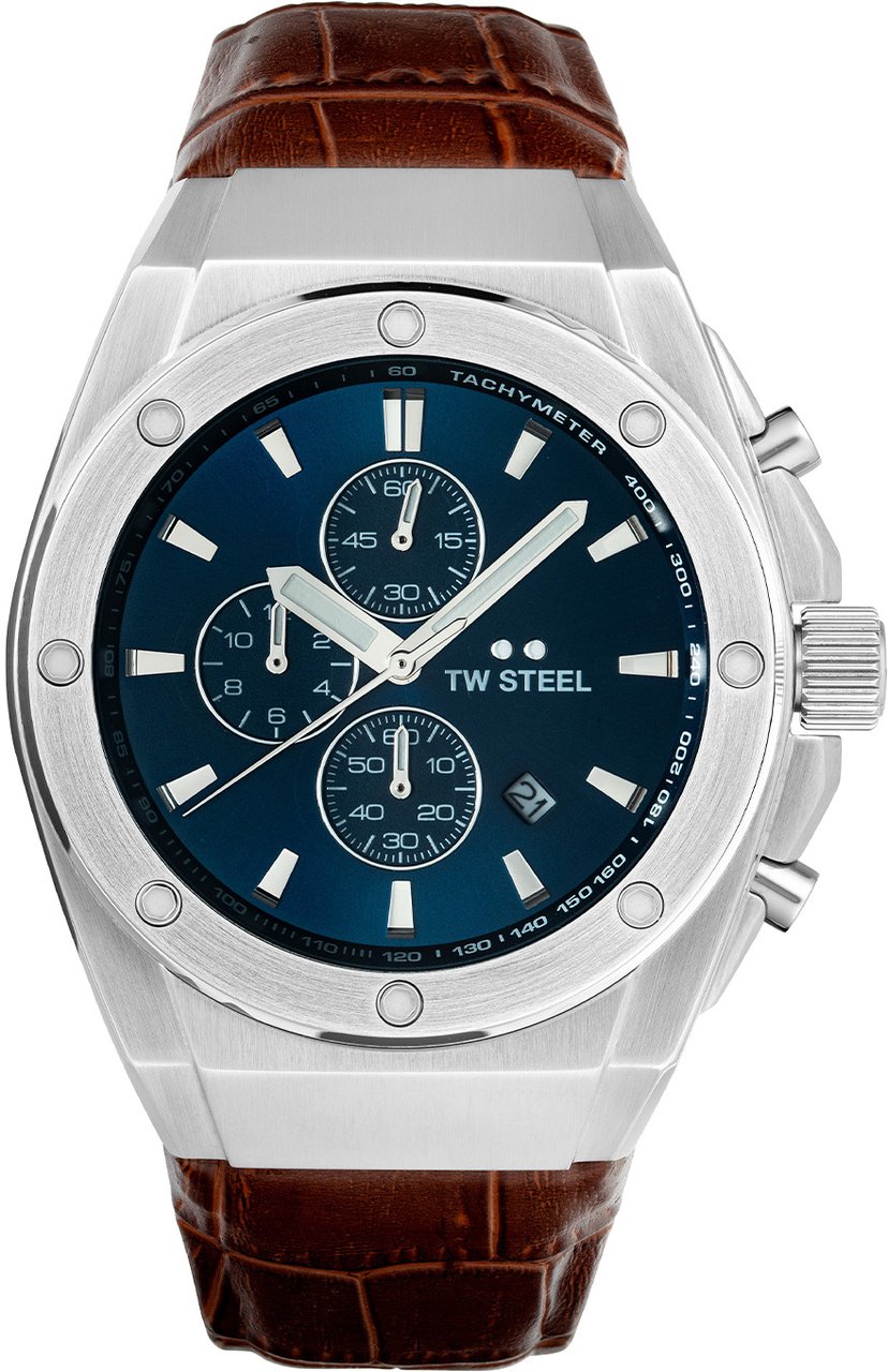 TW Steel TW Steel TWCE4107 CEO Tech Steel Chrono Bruin Leer 44mm Zilver