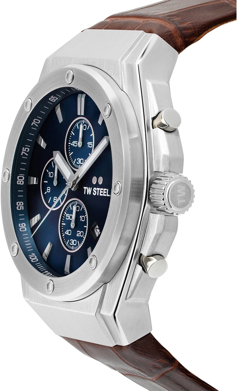TW Steel TW Steel TWCE4107 CEO Tech Steel Chrono Bruin Leer 44mm Zilver