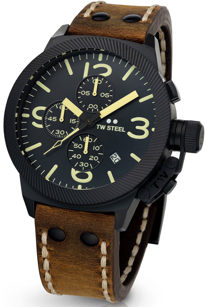 TW Steel TW Steel TWCS107 Canteen Steel Chrono Bruin leer 45mm Zwart