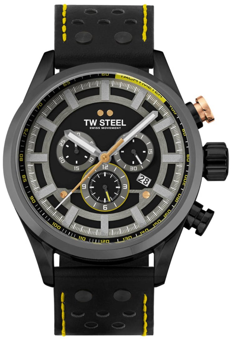 TW Steel TW Steel Horloge Heren SVS207 Staal 48mm met Zwart Plated Kast en Zwart leren horlogeband Zwart
