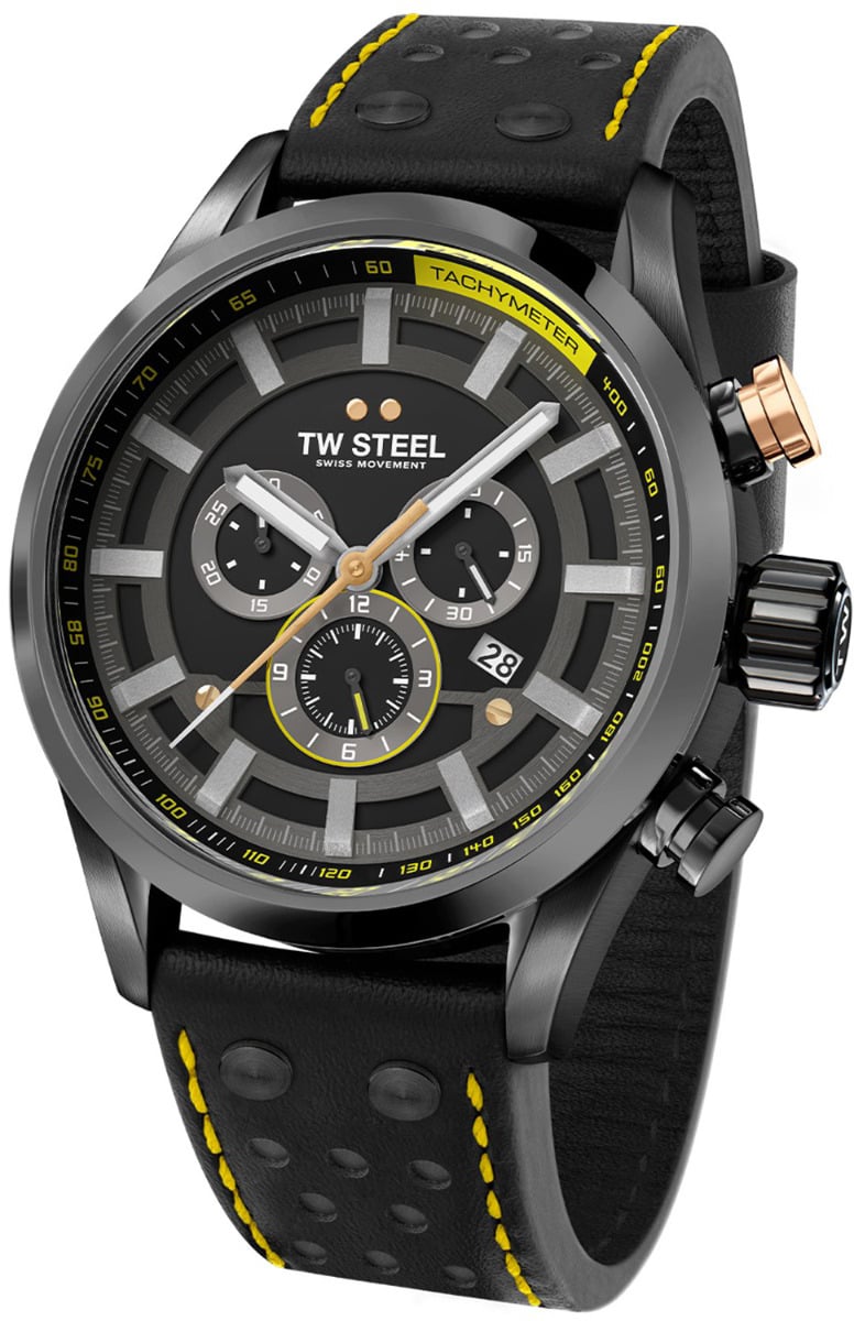 TW Steel TW Steel Horloge Heren SVS207 Staal 48mm met Zwart Plated Kast en Zwart leren horlogeband Zwart