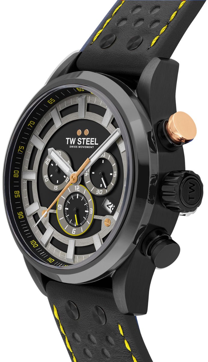 TW Steel TW Steel Horloge Heren SVS207 Staal 48mm met Zwart Plated Kast en Zwart leren horlogeband Zwart