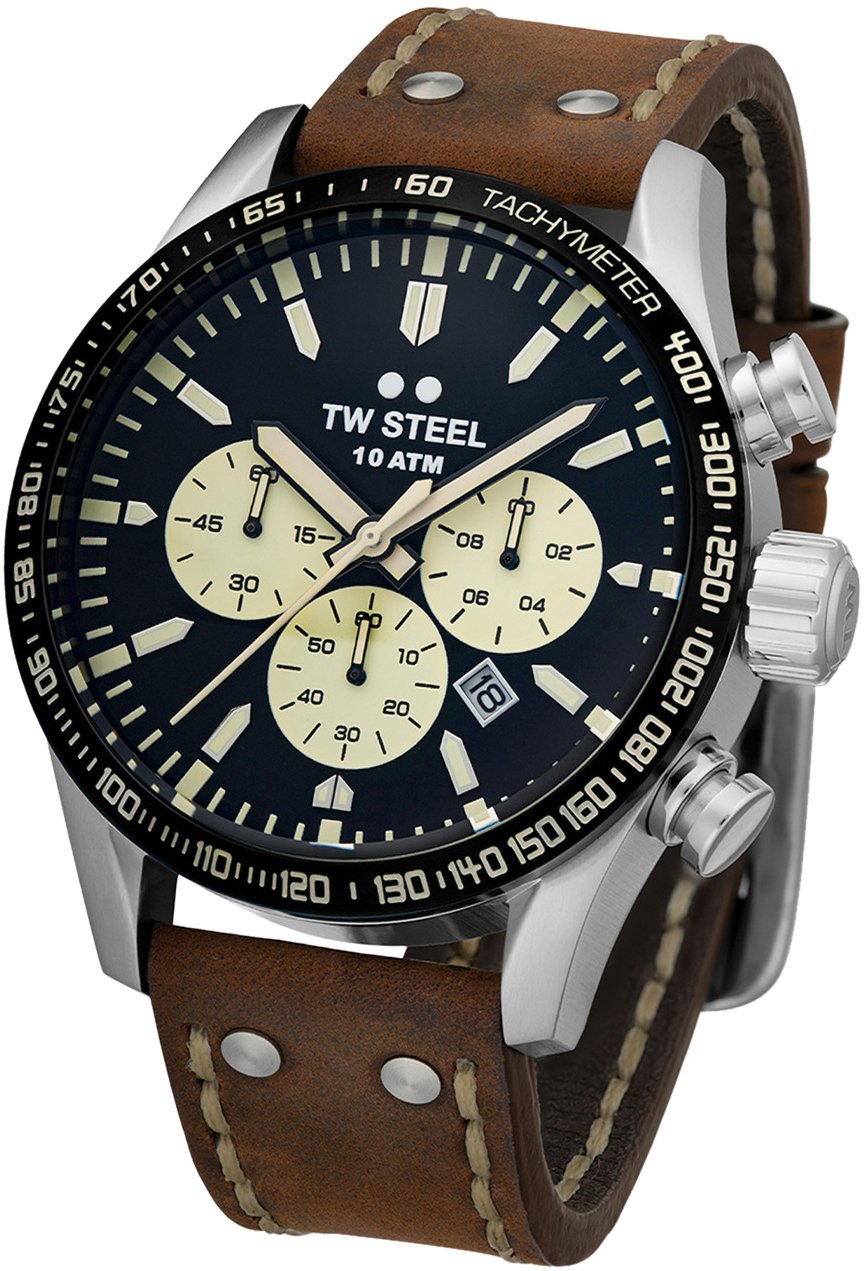 TW Steel TW Steel TWVS120 Volante Steel Chrono Bruin Leer 48mm Zilver
