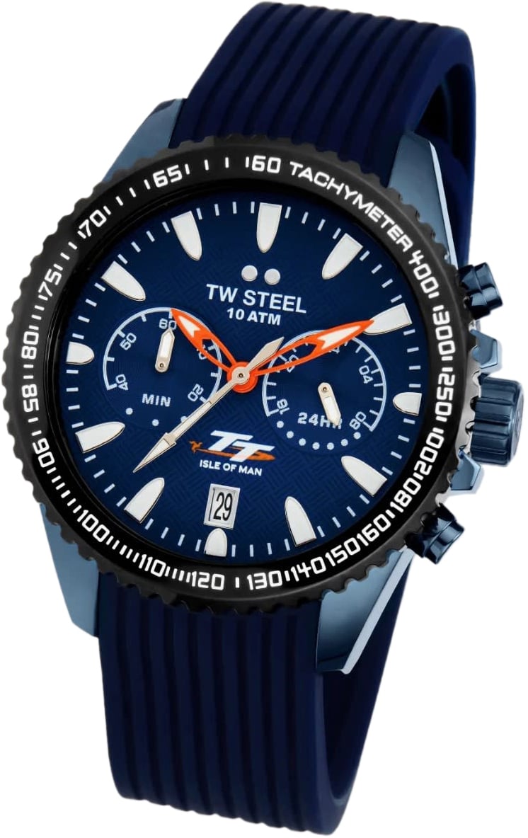 TW Steel TW Steel Horloge VAS1  Isle of Man TT Staal met Blauwe Coating Chronograaf Quartz Swiss Made 100m Waterdicht 42mm Navy