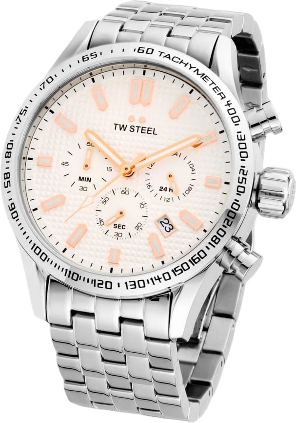 TW Steel TW Steel Horloge VB1 Volante Staal Quartz Swiss Made Chronograaf met Witte Wijzerplaat 45mm Zilver