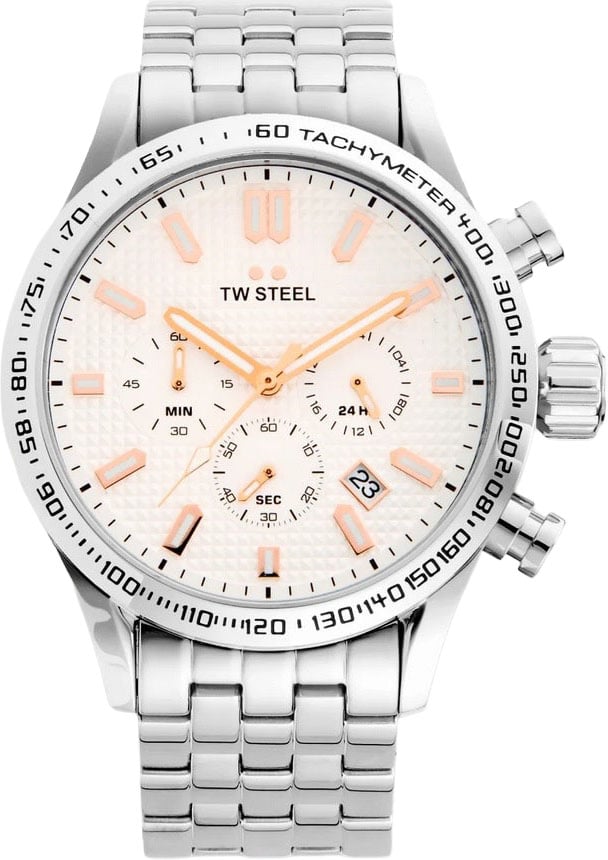 TW Steel TW Steel Horloge VB1 Volante Staal Quartz Swiss Made Chronograaf met Witte Wijzerplaat 45mm Zilver