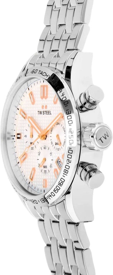 TW Steel TW Steel Horloge VB1 Volante Staal Quartz Swiss Made Chronograaf met Witte Wijzerplaat 45mm Zilver