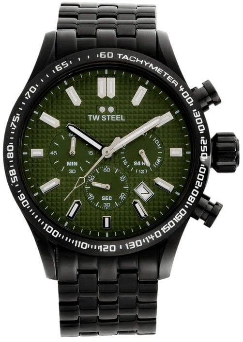 TW Steel TW Steel Horloge VB3 Volante Staal met Zwarte Coating Quartz Swiss Made Chronograaf met Groene Wijzerplaat 45mm Donkergroen