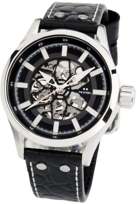 TW Steel TW Steel Horloge VS130 Skeleton Volante Staal Automaat Swiss Made met Zwart Leren Horlogeband 44mm Zilver