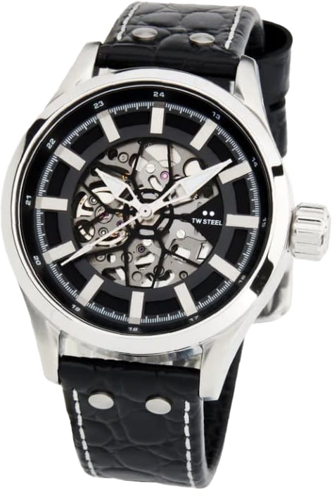 TW Steel TW Steel Horloge VS130 Skeleton Volante Staal Automaat Swiss Made met Zwart Leren Horlogeband 44mm Zilver