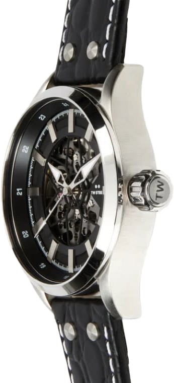 TW Steel TW Steel Horloge VS130 Skeleton Volante Staal Automaat Swiss Made met Zwart Leren Horlogeband 44mm Zilver