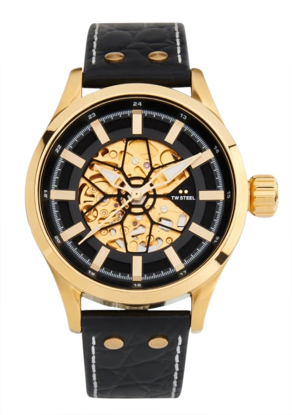 TW Steel TW Steel Horloge VS131 Skeleton Volante Staal met Geelgouden Plating Automaat met Zwart Croco Horlogeband 45mm Zwart