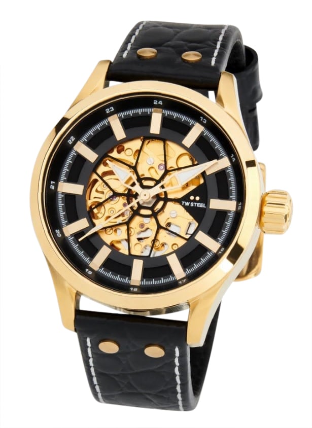 TW Steel TW Steel Horloge VS131 Skeleton Volante Staal met Geelgouden Plating Automaat met Zwart Croco Horlogeband 45mm Zwart