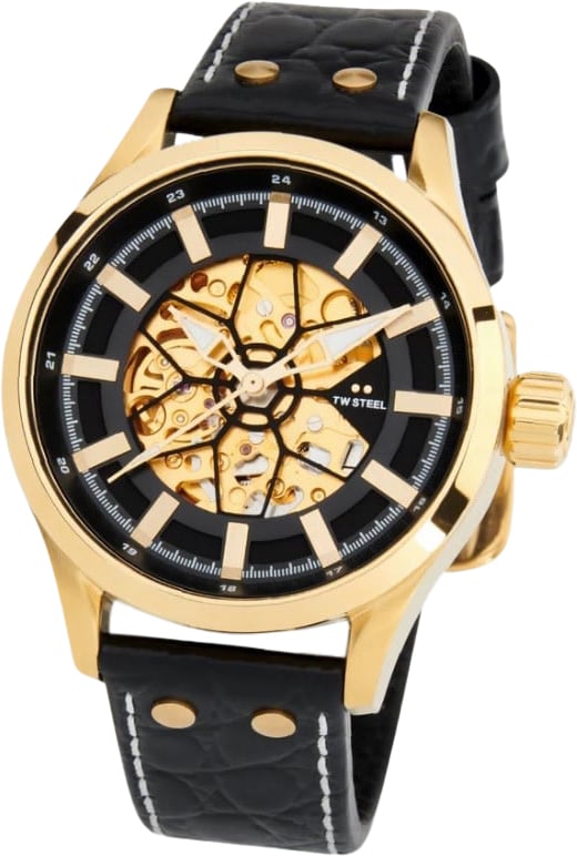 TW Steel TW Steel Horloge VS131 Skeleton Volante Staal met Geelgouden Plating Automaat met Zwart Croco Horlogeband 45mm Zwart