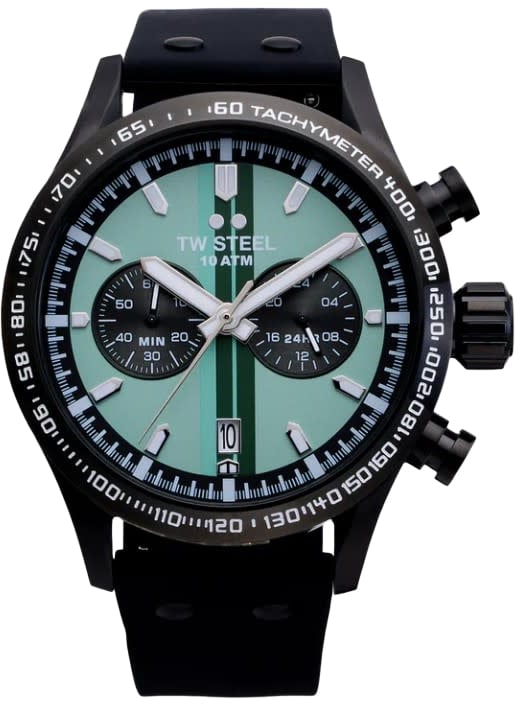 TW Steel TW Steel Horloge VS134 Volante Sport Staal met Zwarte Coating Quartz Chronograaf Mint Groene Wijzerplaat 45mm Zwart