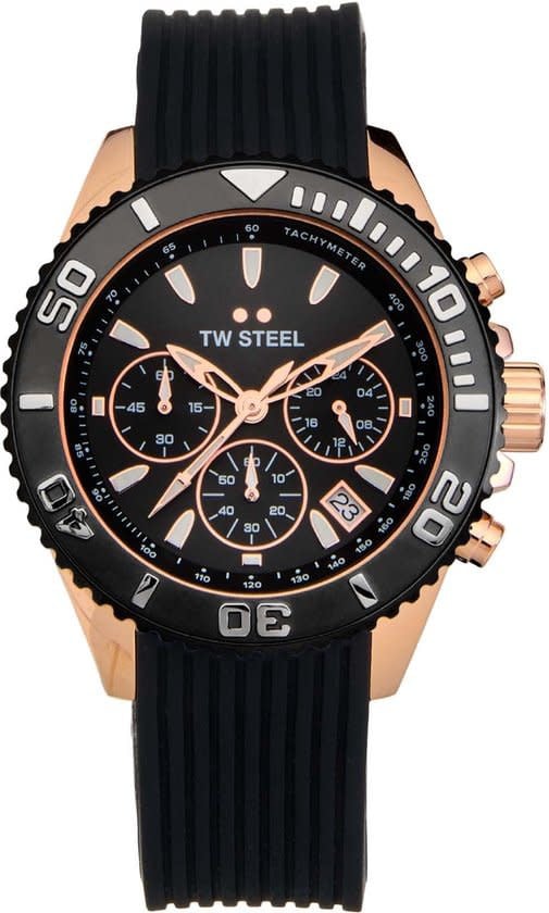 TW Steel TW Steel Horloge VA3 Staal met Roségouden Plating Quartz Swiss Made Chronograaf en Rubberen Band met Vouwsluiting 42mm Zwart