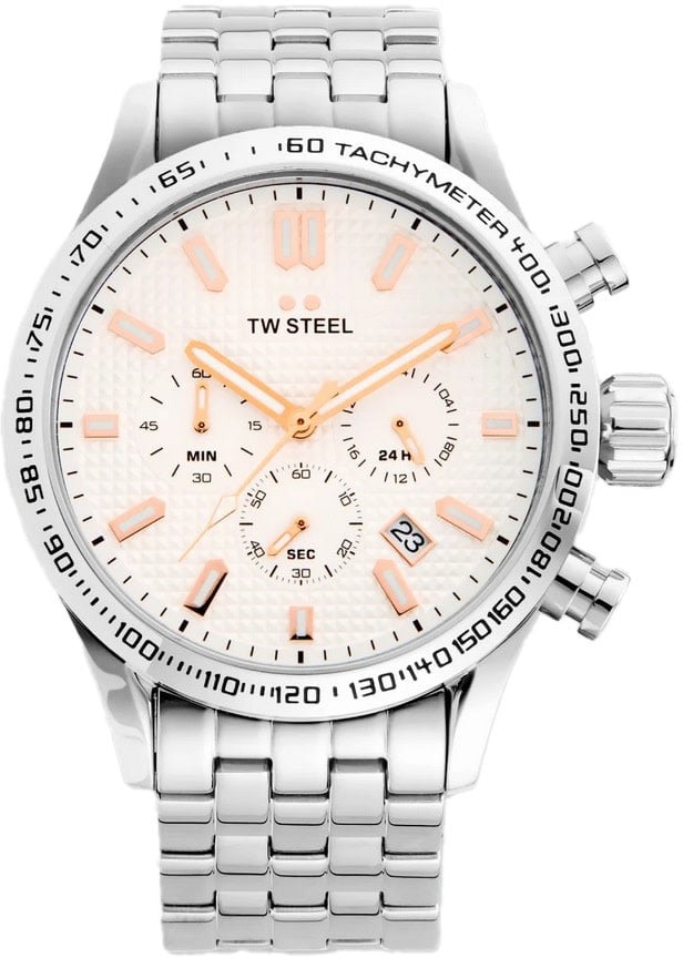 TW Steel TW Steel Horloge VB1 Volante Staal Quartz Swiss Made Chronograaf met Witte Wijzerplaat 45mm Zilver