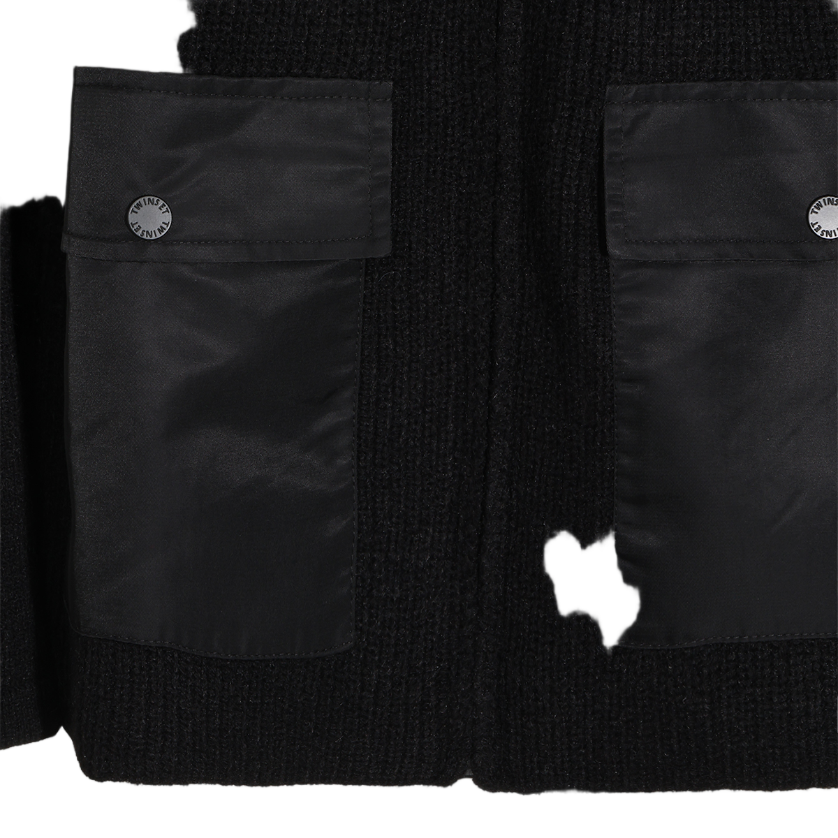 Twin-set Cape-Style Jacket with Textured Fabric and Hood Zwart