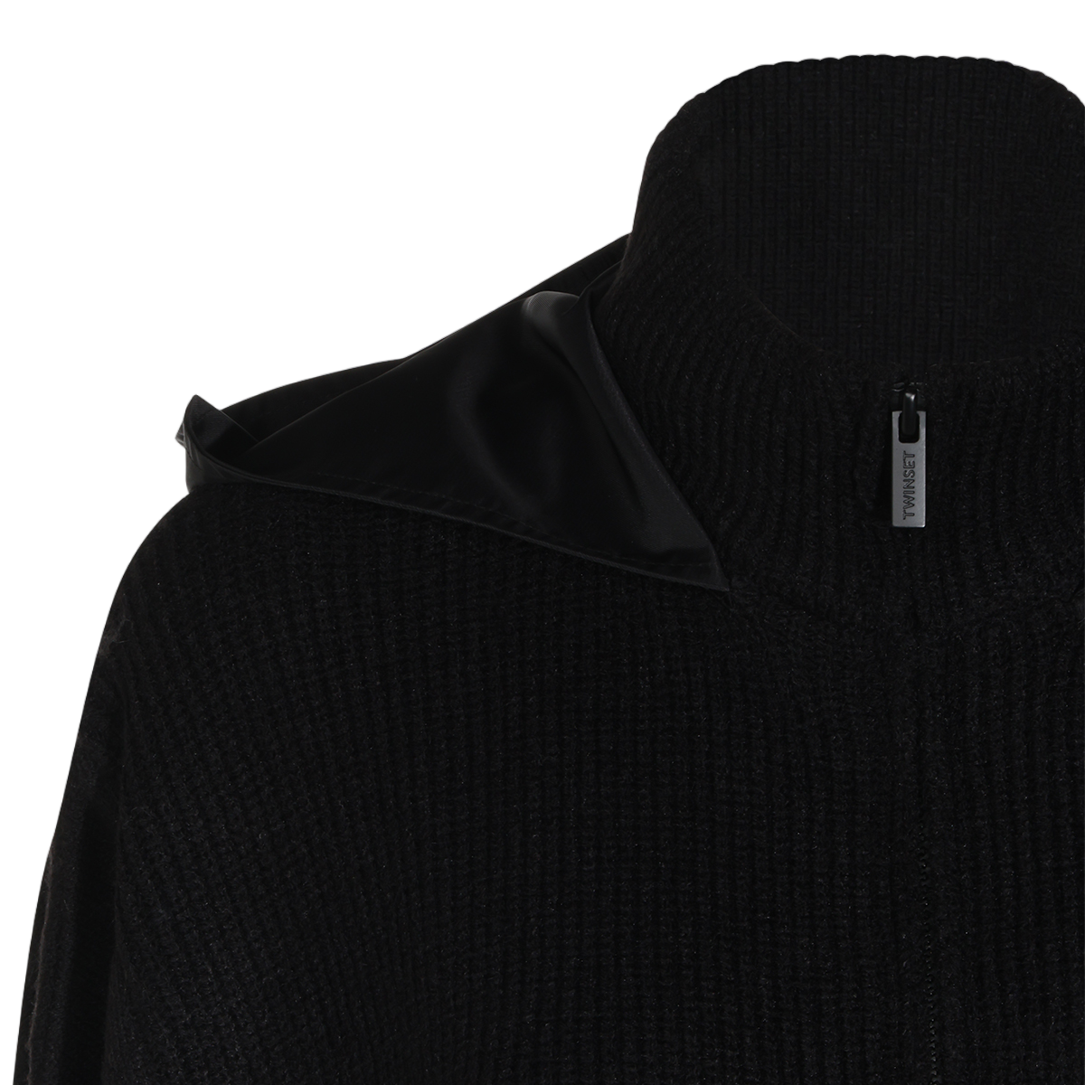 Twin-set Cape-Style Jacket with Textured Fabric and Hood Zwart