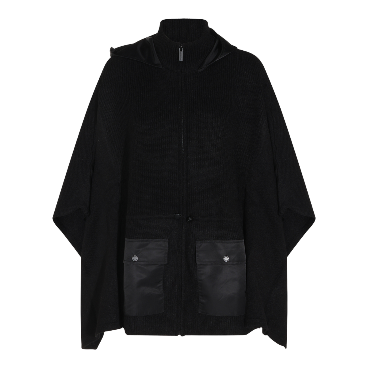 Twin-set Cape-Style Jacket with Textured Fabric and Hood Zwart