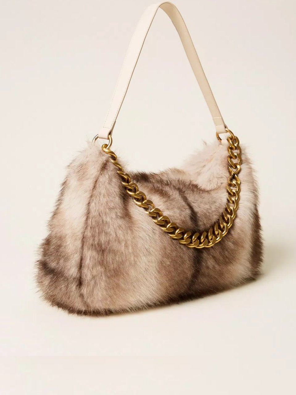 Twin-set Faux Fur Handbag with Gold-Tone Chain Detail Neutraal