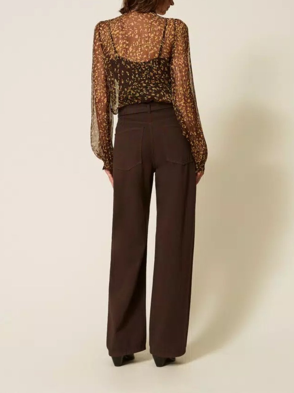 Twin-set Wide-Leg High Waist Pants with Circular Buckle Belt Bruin
