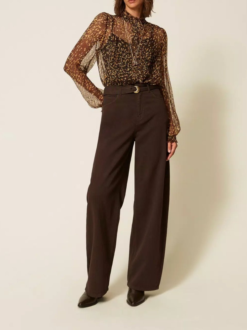 Twin-set Wide-Leg High Waist Pants with Circular Buckle Belt Bruin