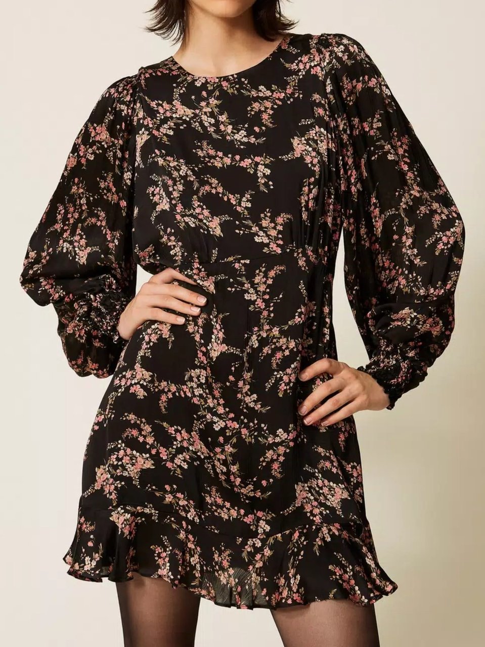 Twin-set Short Black Floral Day Dress Zwart
