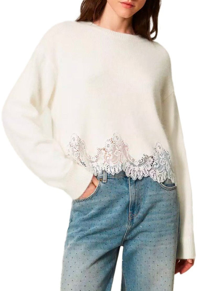 Twin-set TWINSET SWEATER MET KANT DETAILS Wit