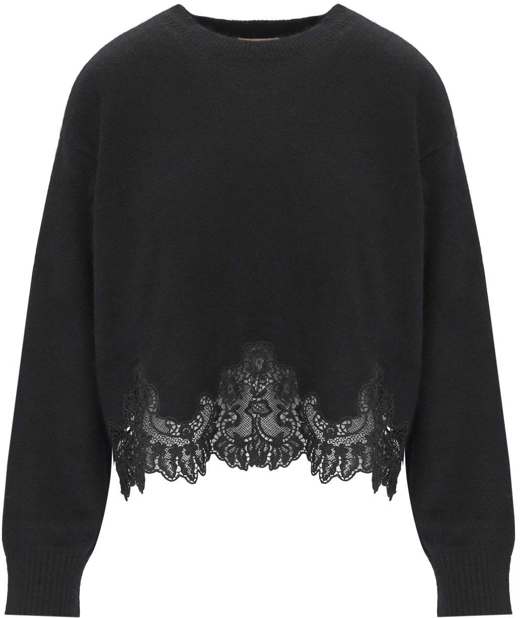 Twin-set TWINSET CREWNECK SWEATER WITH LACE DETAILS Zwart