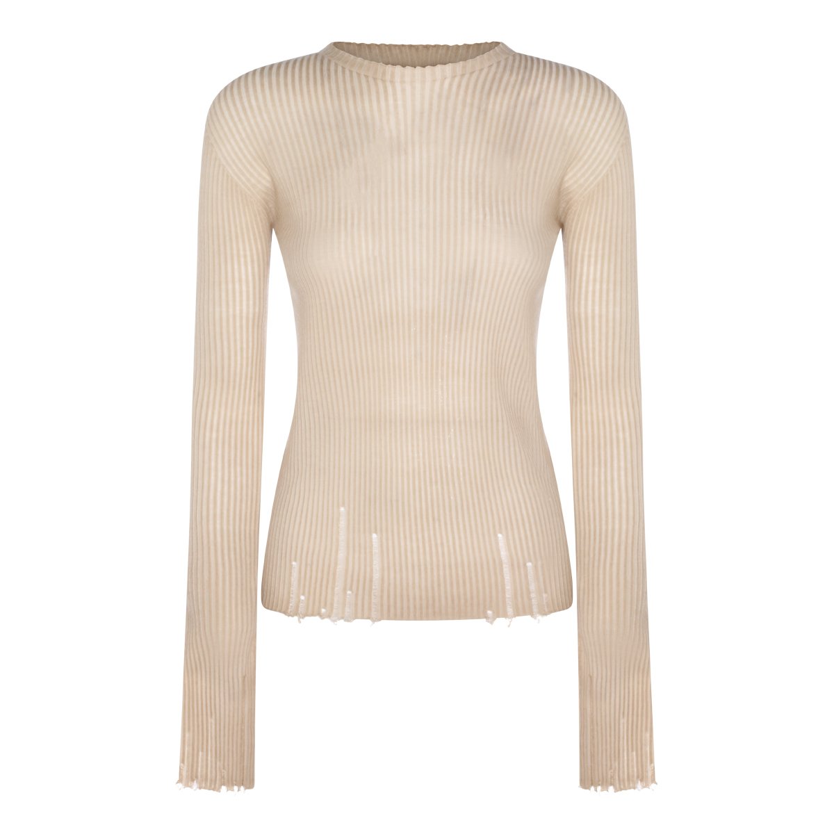 Uma Wang Tan Wool T-Shirt with Ribbed Texture and Distressed Details Neutraal
