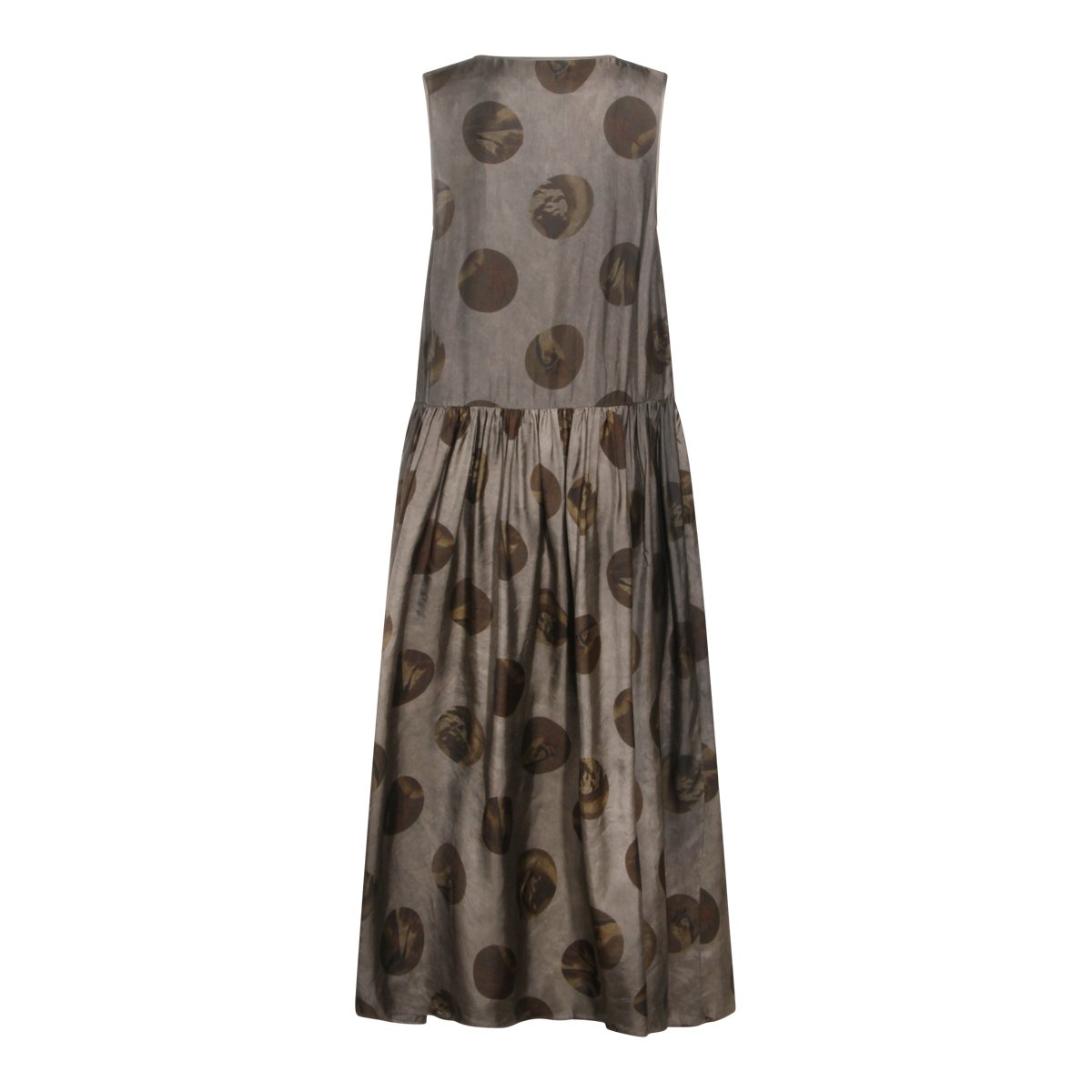Uma Wang Sleeveless Midi Dress With Gathered Waist And Abstract Motif Grijs