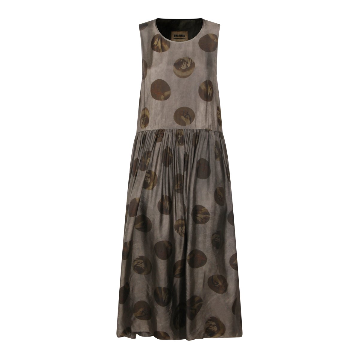 Uma Wang Sleeveless Midi Dress With Gathered Waist And Abstract Motif Grijs