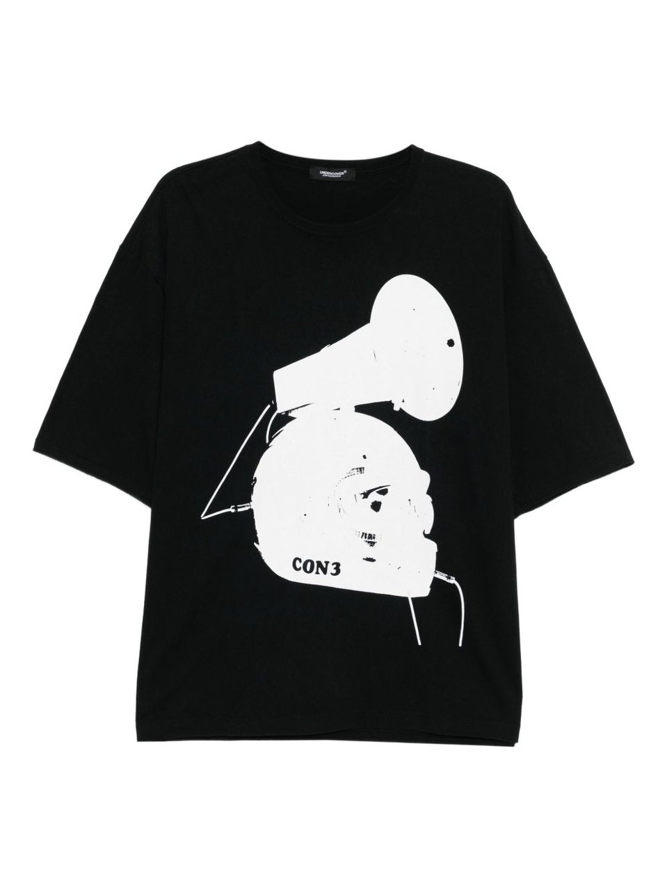 Undercover Graphic Print Black T-Shirt with Ribbed Cuffs Zwart