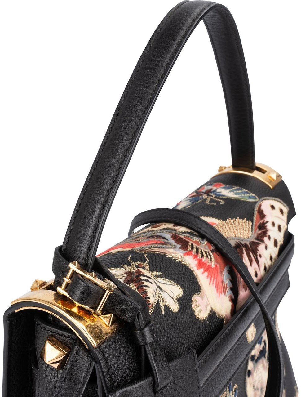Valentino Valentino Black Leather Animal Fantasia Embroidered Joylock Top Handle Handbag Zwart